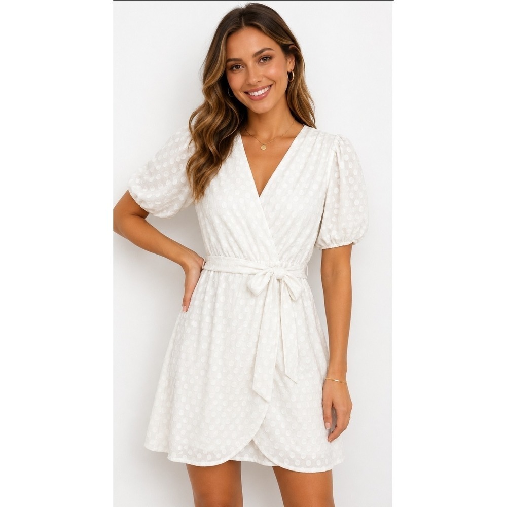 FRAICHE BY J Dress Womens Sz M White Dot Jacquard Faux Wrap Balloon sleeves T30